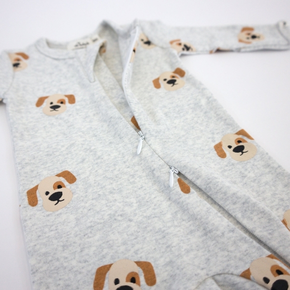 oh baby! Cotton Baby Rib Zipper Footie Puppy Face Print Heather Gray 6M - Picture 5 of 7
